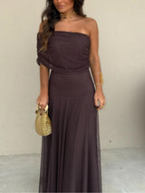 Women's Maxi Dress Off Shoulder Sheer Overlay – Wedding Guest