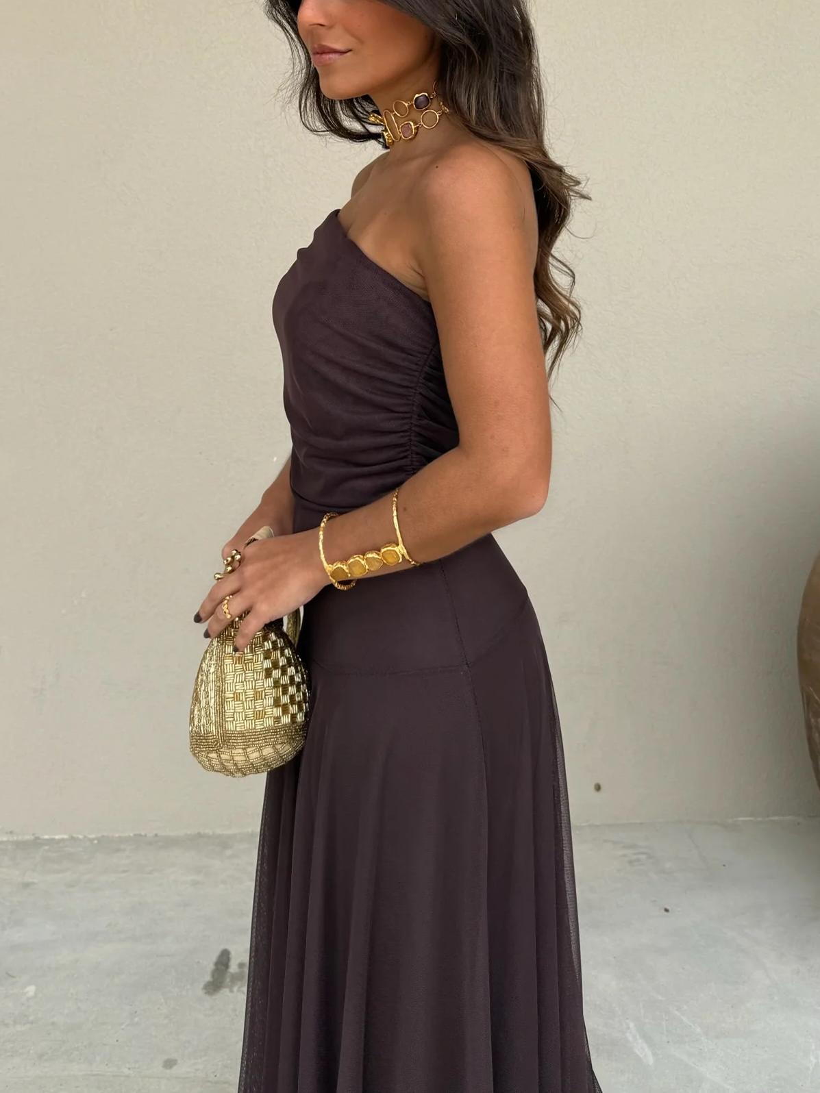 Women's Maxi Dress Off Shoulder Sheer Overlay – Wedding Guest
