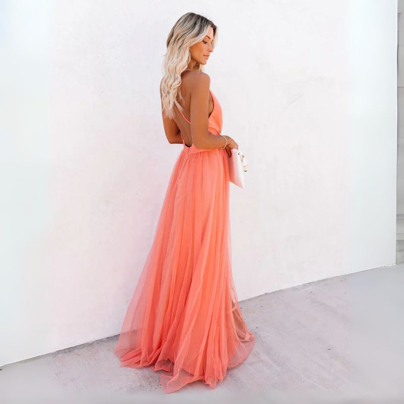 Women's Maxi Dress Orange Sleeveless V-Neck Open Back – Wedding Guest