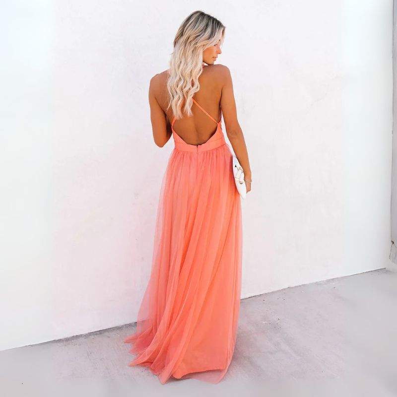 Women's Maxi Dress Orange Sleeveless V-Neck Open Back – Wedding Guest