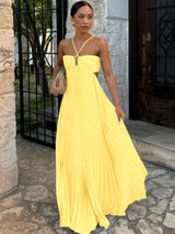 Women's Maxi Dress Pleated V Neck Sleeveless – Wedding Guest
