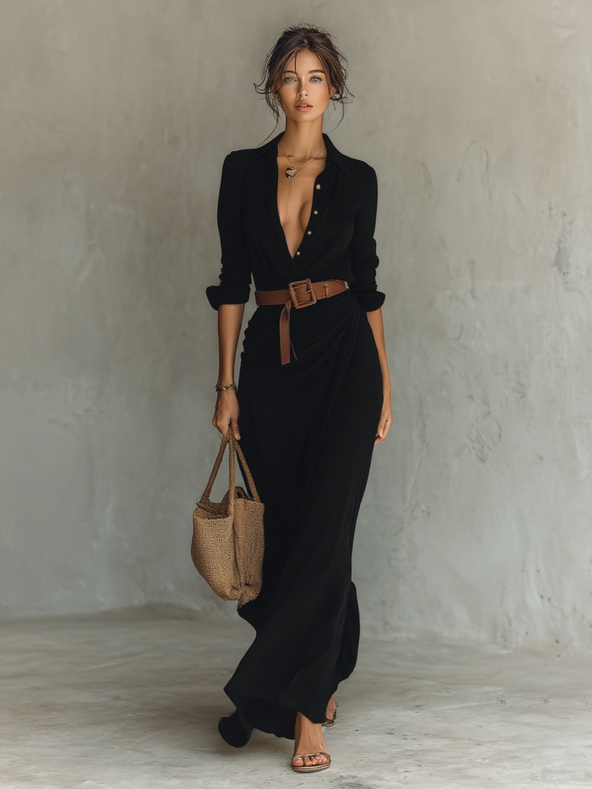 Women's Maxi Dress Point Collar Long Sleeve Gathered Front – Brunch Event