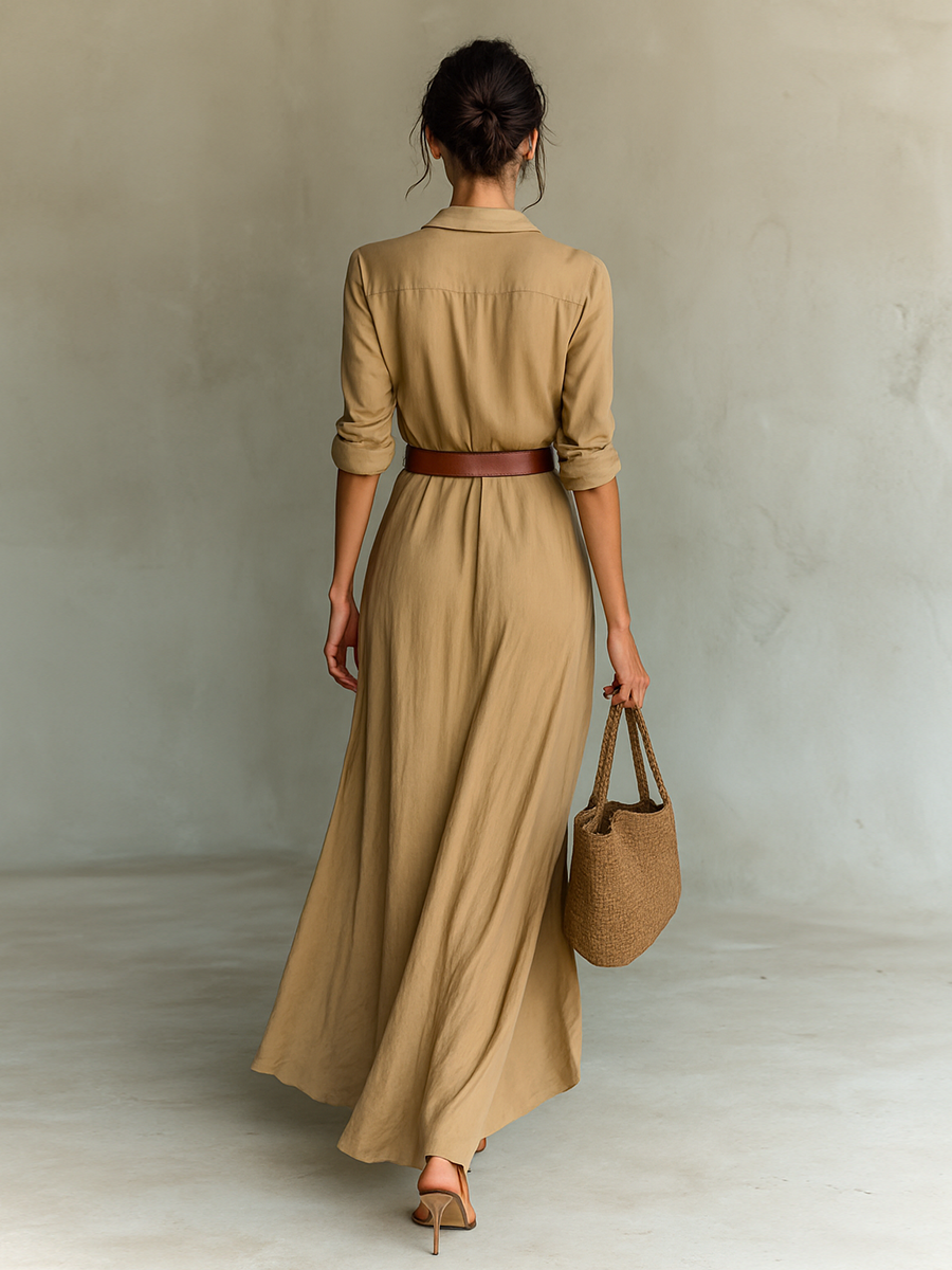 Women's Maxi Dress Point Collar Long Sleeve Gathered Front – Brunch Event