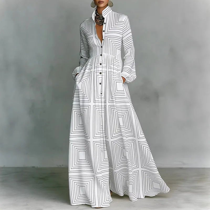 Women's Maxi Dress Printed Stand Collar Button Front – Art Gallery