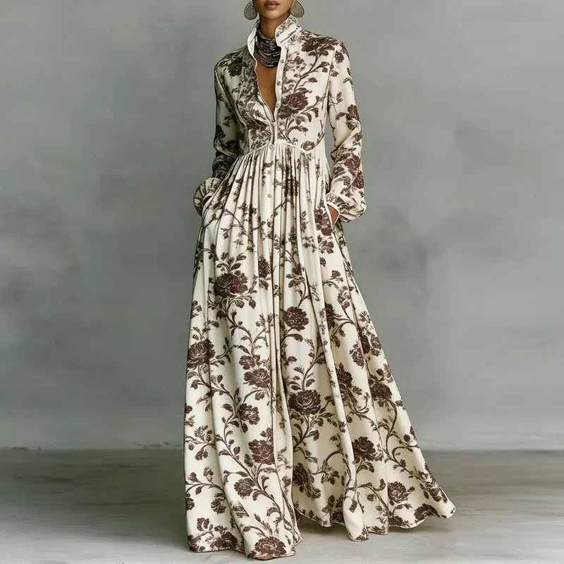 Women's Maxi Dress Printed Stand Collar Button Front – Art Gallery