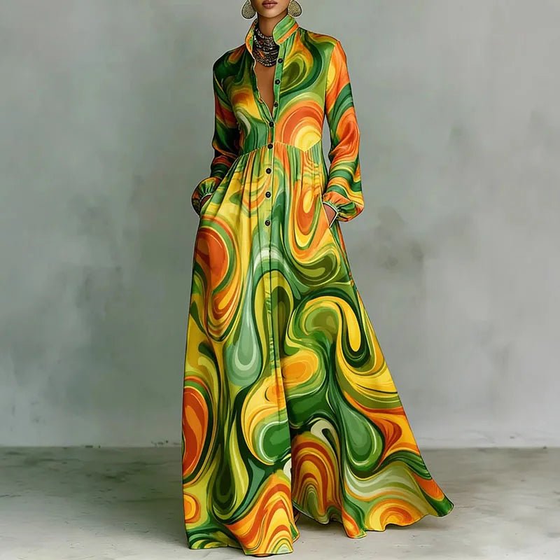 Women's Maxi Dress Printed Stand Collar Button Front – Art Gallery