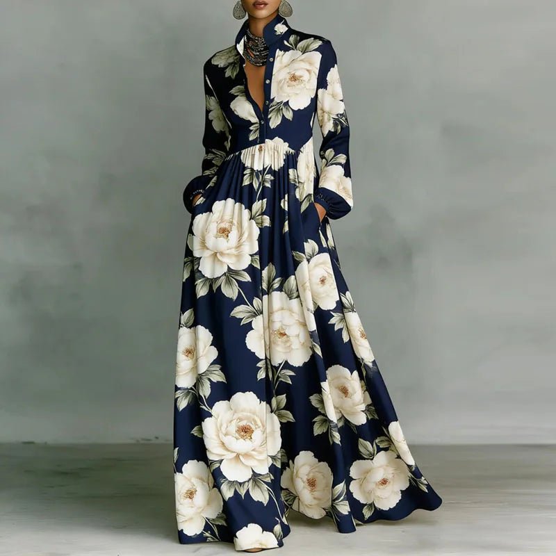 Women's Maxi Dress Printed Stand Collar Button Front – Art Gallery