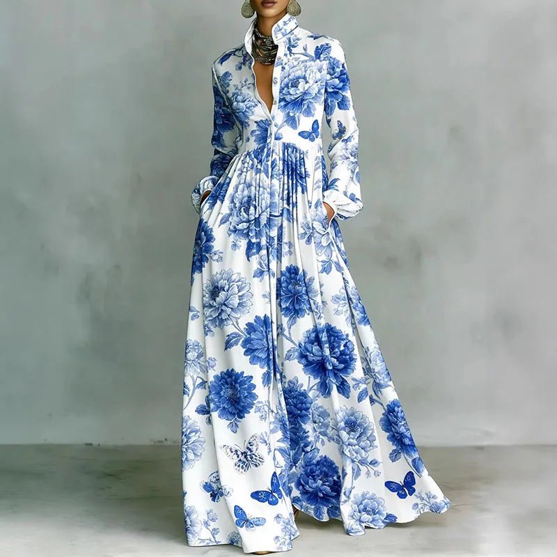 Women's Maxi Dress Printed Stand Collar Button Front – Art Gallery