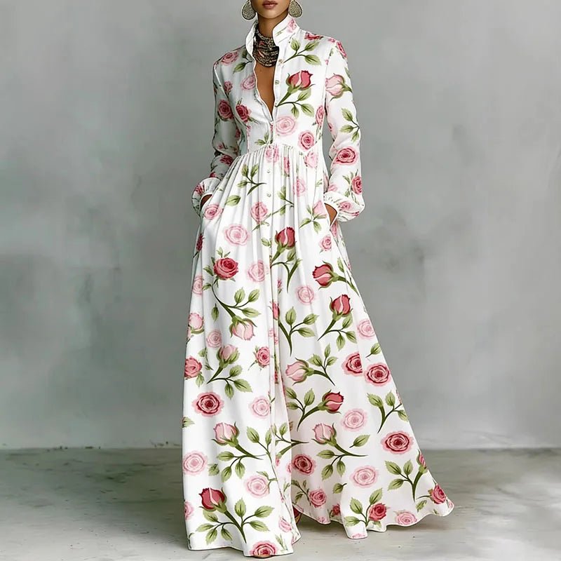 Women's Maxi Dress Printed Stand Collar Button Front – Art Gallery