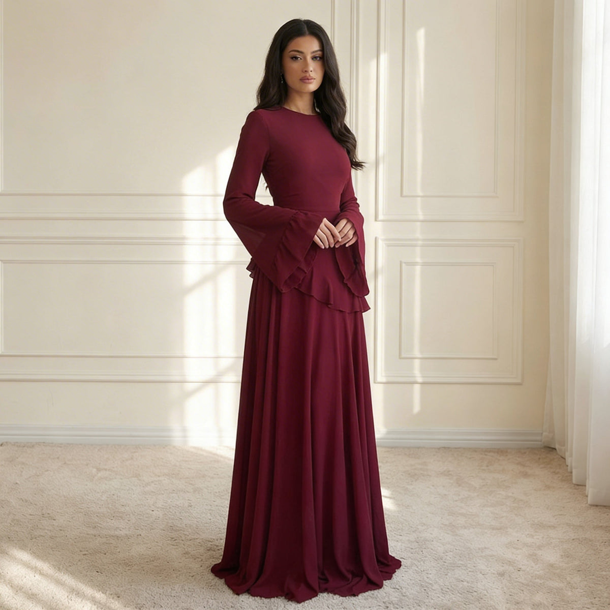 Women’s Maxi Dress Round Neck Bell Sleeves Ruffle Waist – Banquet Evenings