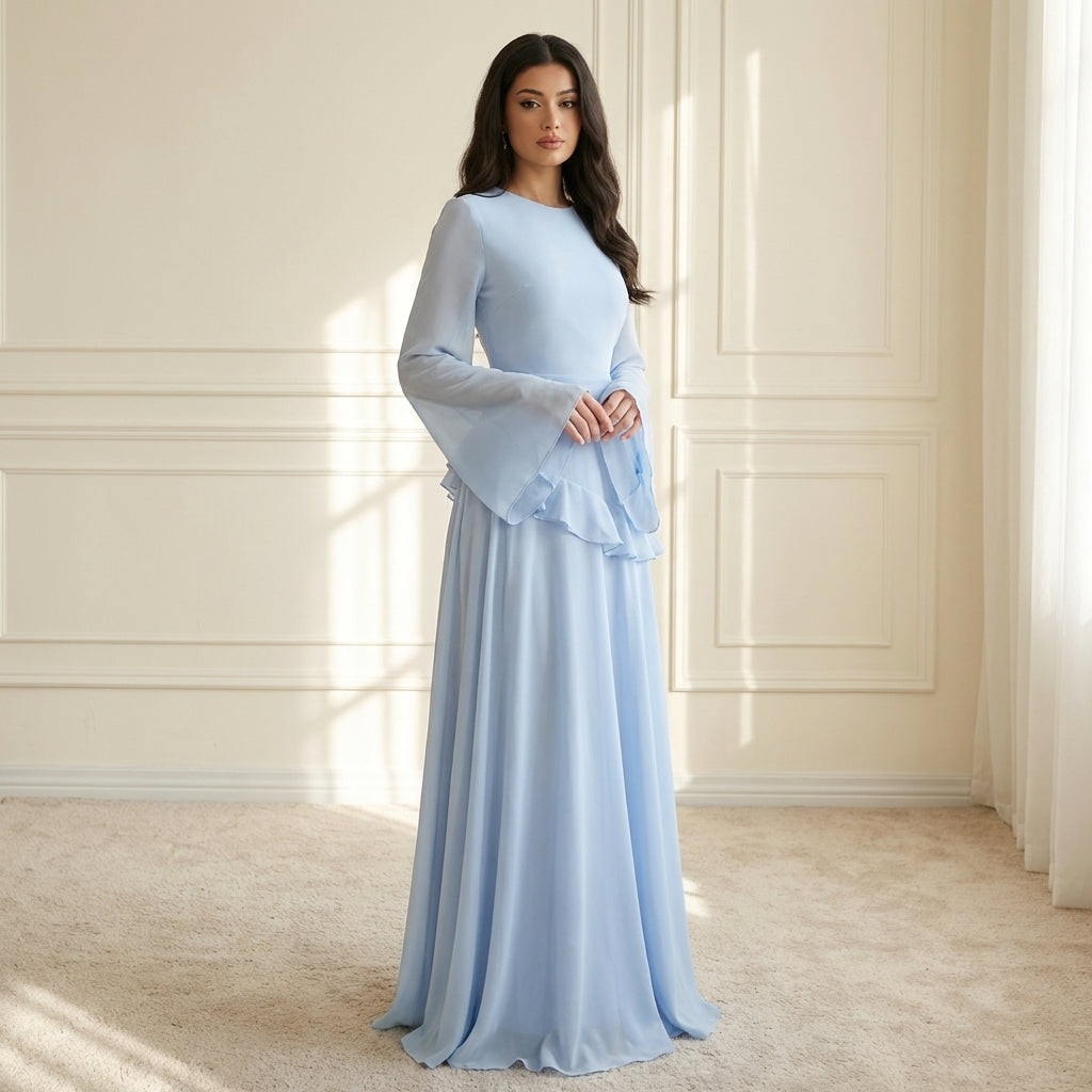 Women’s Maxi Dress Round Neck Bell Sleeves Ruffle Waist – Banquet Evenings
