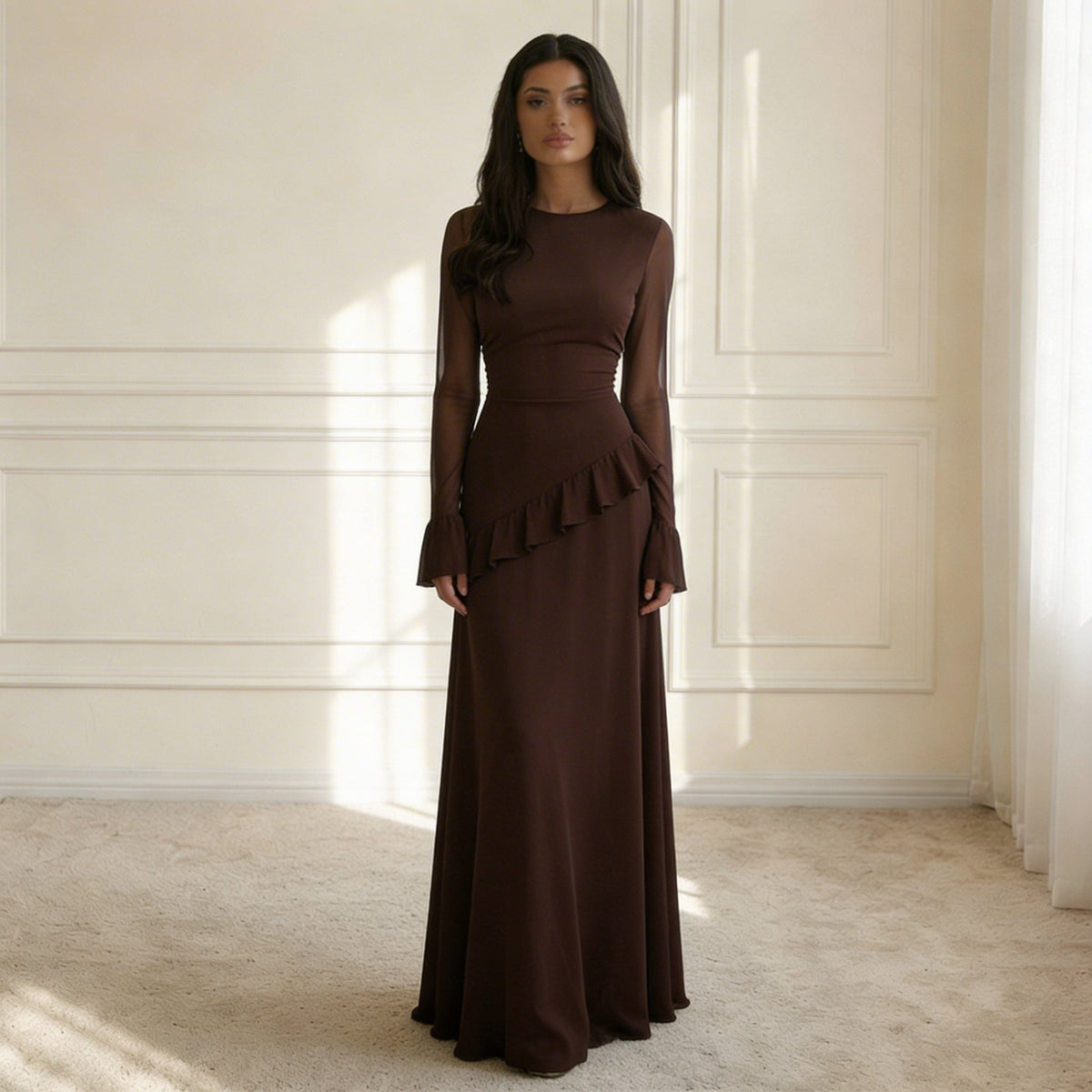 Women’s Maxi Dress Round Neck Bell Sleeves Ruffle Waist – Banquet Evenings