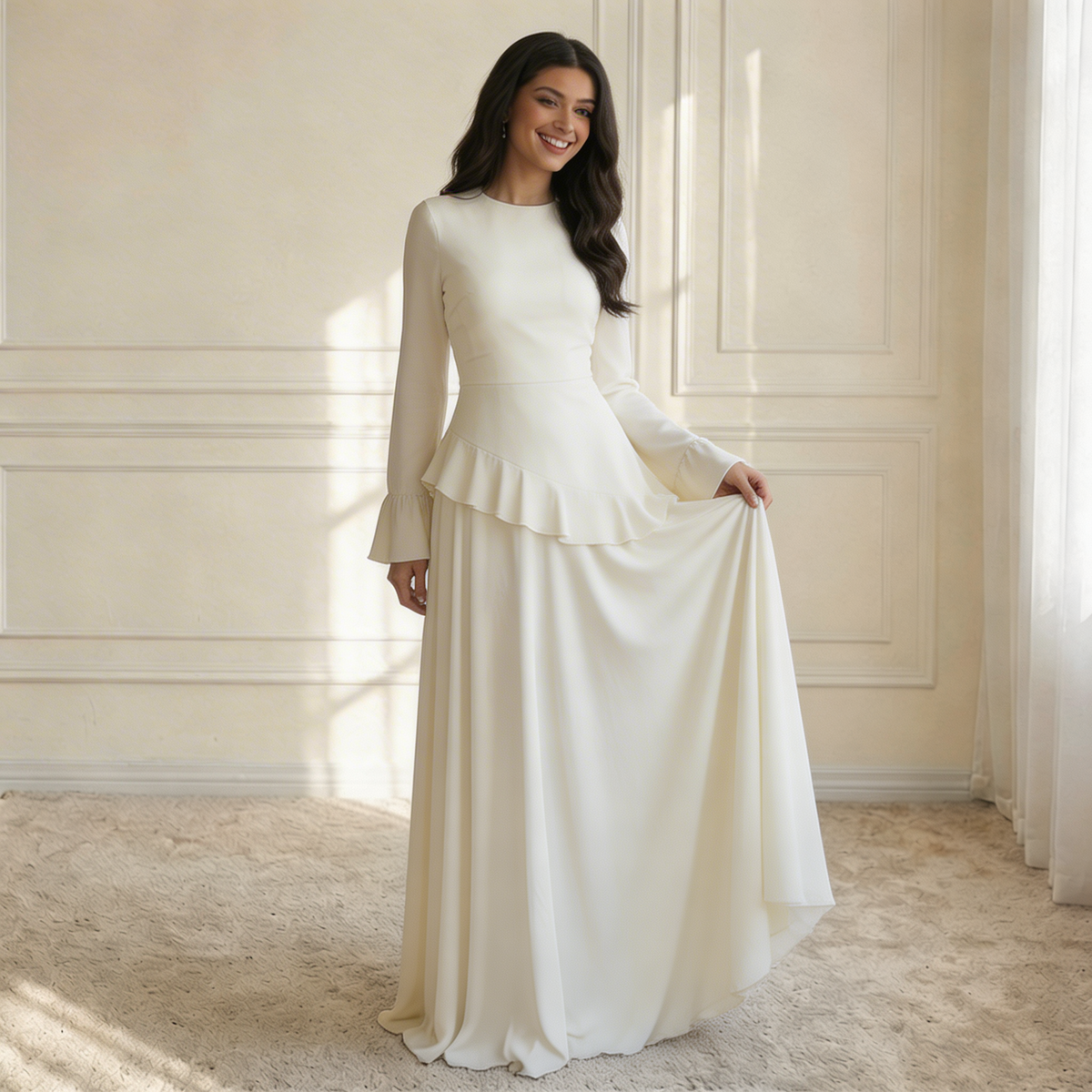 Women’s Maxi Dress Round Neck Bell Sleeves Ruffle Waist – Banquet Evenings