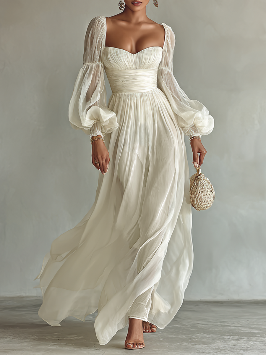 Women's Maxi Dress Ruched Sweetheart Long Sleeve – Garden Party Reception