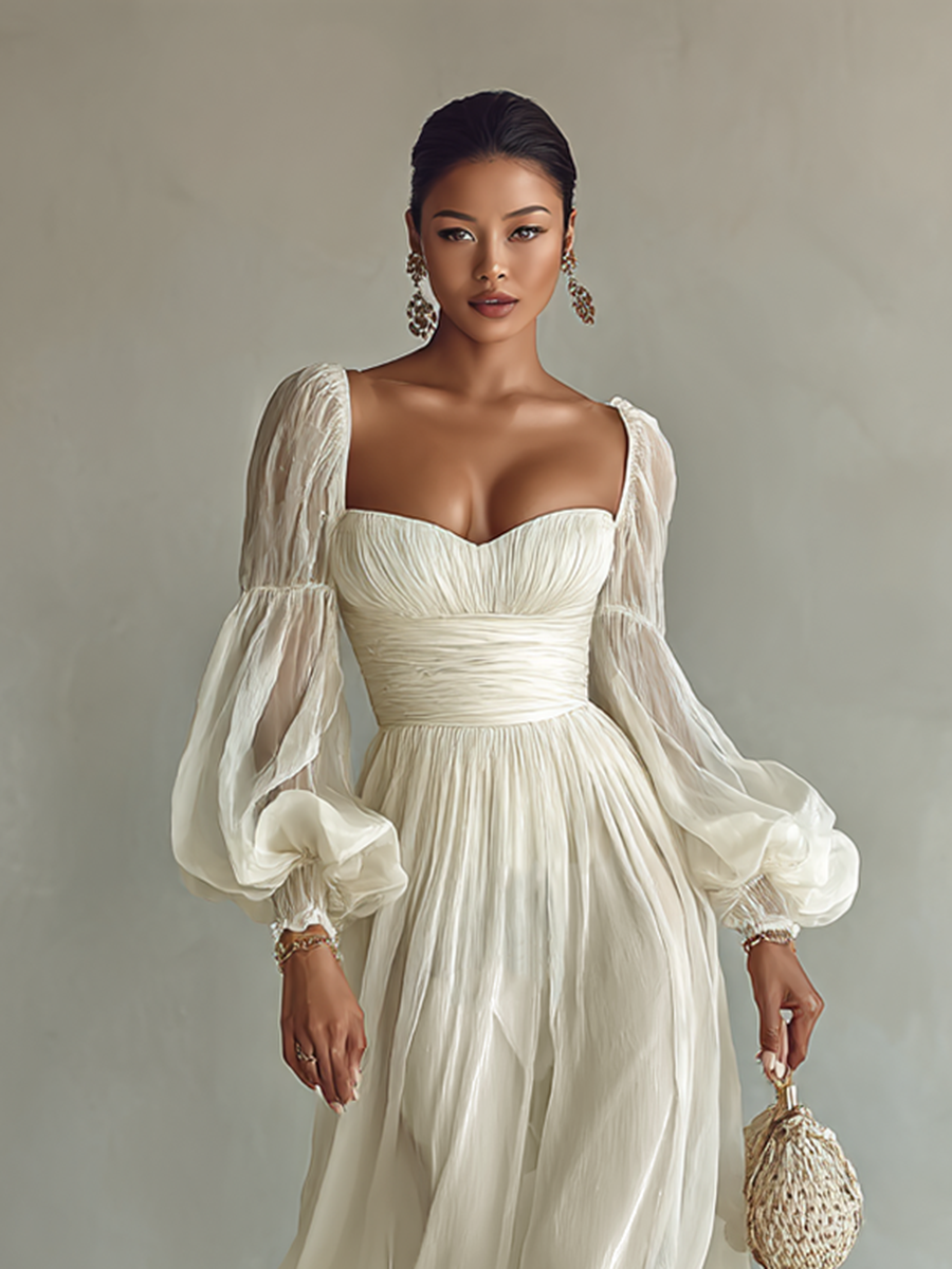 Women's Maxi Dress Ruched Sweetheart Long Sleeve – Garden Party Reception