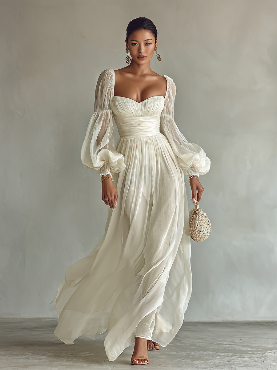 Women's Maxi Dress Ruched Sweetheart Long Sleeve – Garden Party Reception