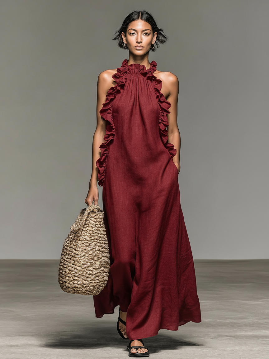 Women’s Maxi Dress Ruffled Halter Sleeveless – Resort Dinners
