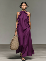 Women’s Maxi Dress Ruffled Halter Sleeveless – Resort Dinners