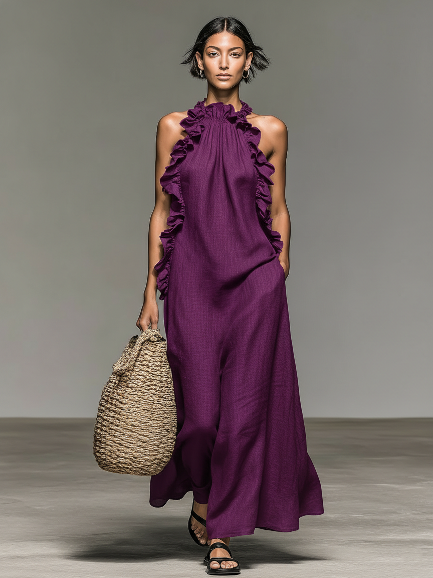 Women’s Maxi Dress Ruffled Halter Sleeveless – Resort Dinners
