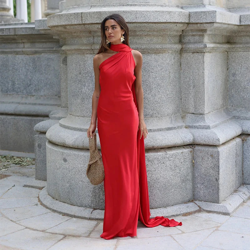 Women's Maxi Dress Scarf Neck Sleeveless – Wedding Guest