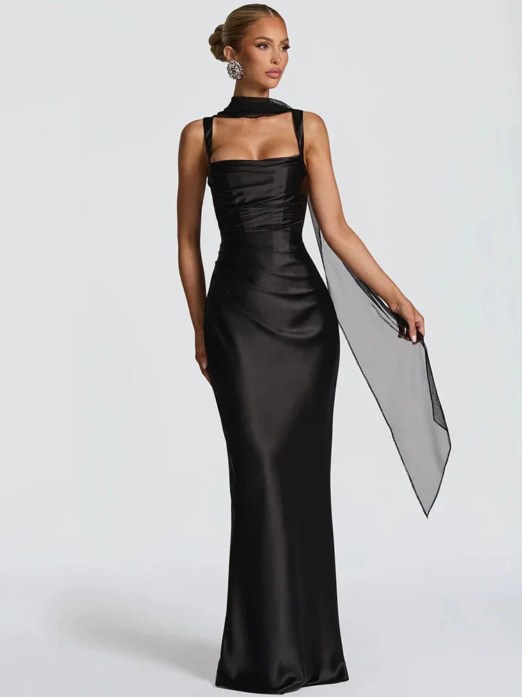 Women's Maxi Dress Square Neck Ruched Sleeveless Scarf – Wedding Guest