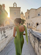 Women's Maxi Dress Square Neck Ruched Sleeveless Scarf – Wedding Guest