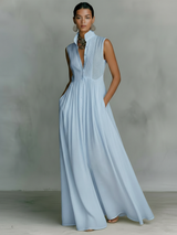 Women's Maxi Dress Stand Collar Button Front Pleated Skirt – Art Walk