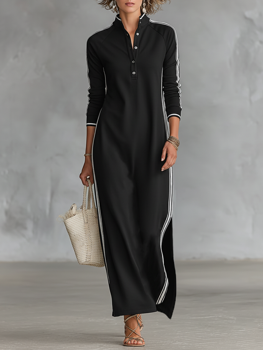 Women's Maxi Dress Stand Collar Button Front Side Stripe – Weekend Getaway
