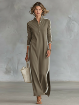 Women's Maxi Dress Stand Collar Button Front Side Stripe – Weekend Getaway