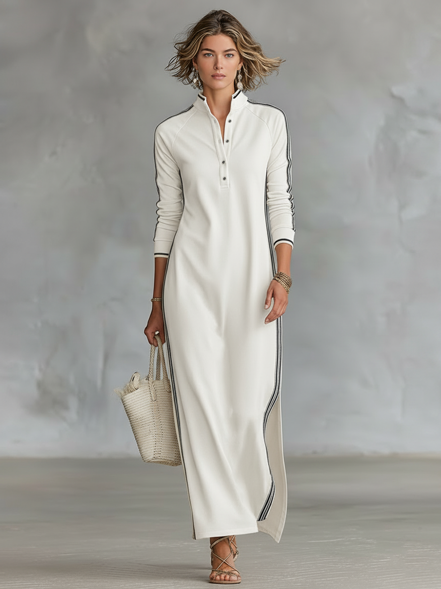 Women's Maxi Dress Stand Collar Button Front Side Stripe – Weekend Getaway