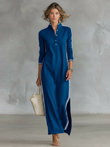 Women's Maxi Dress Stand Collar Button Front Side Stripe – Weekend Getaway