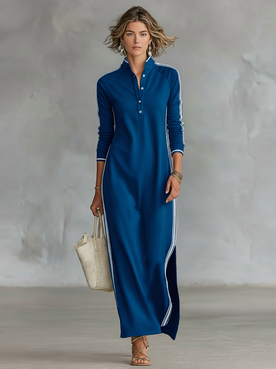 Women's Maxi Dress Stand Collar Button Front Side Stripe – Weekend Getaway