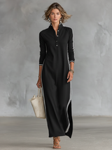 Women's Maxi Dress Stand Collar Button Front Side Stripe – Weekend Getaway