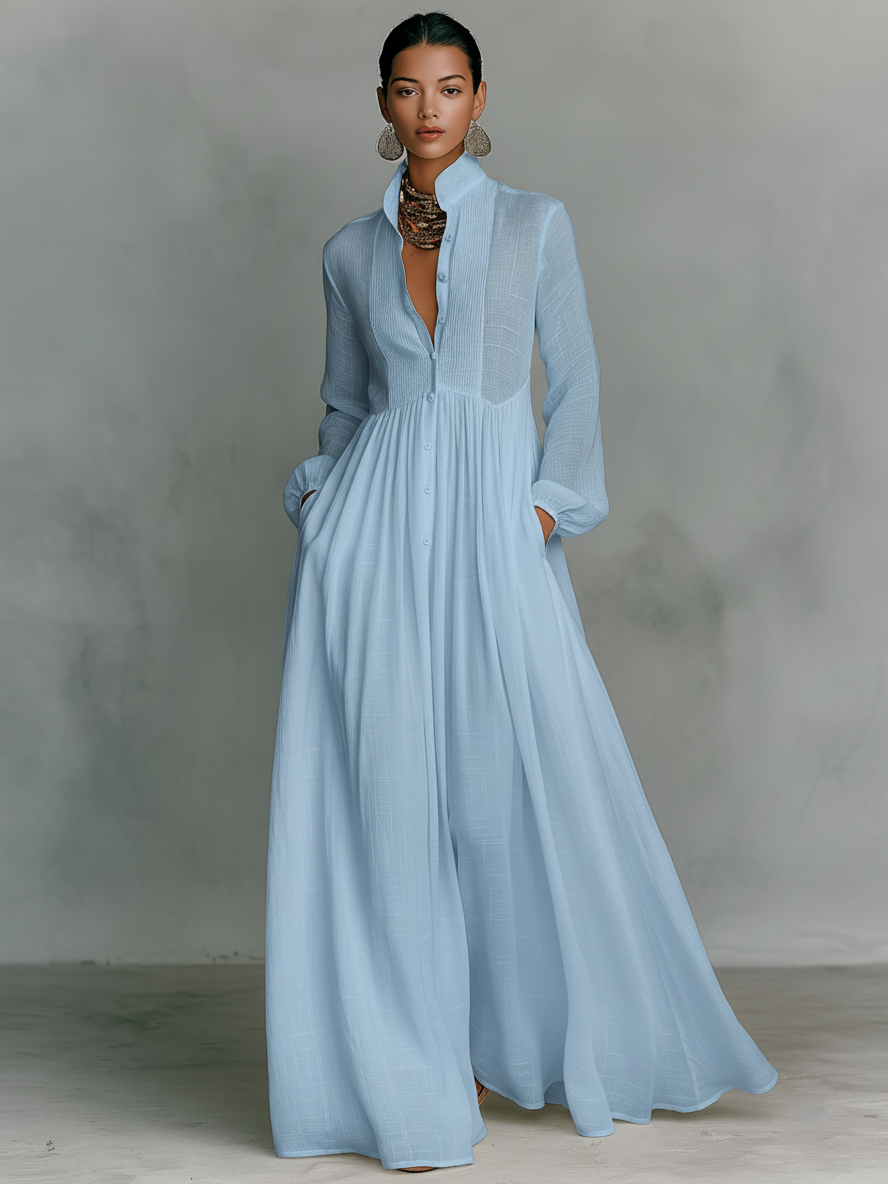 Women's Maxi Dress Stand Collar Long Sleeve Button Front – Resort Dinner