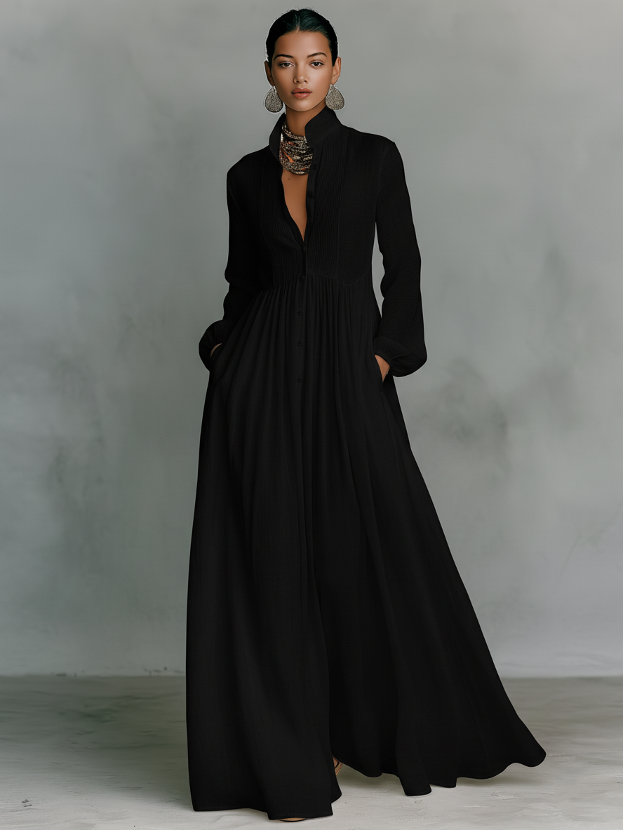 Women's Maxi Dress Stand Collar Long Sleeve Button Front – Resort Dinner
