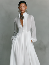 Women's Maxi Dress Stand Collar Long Sleeve Button Front – Resort Dinner