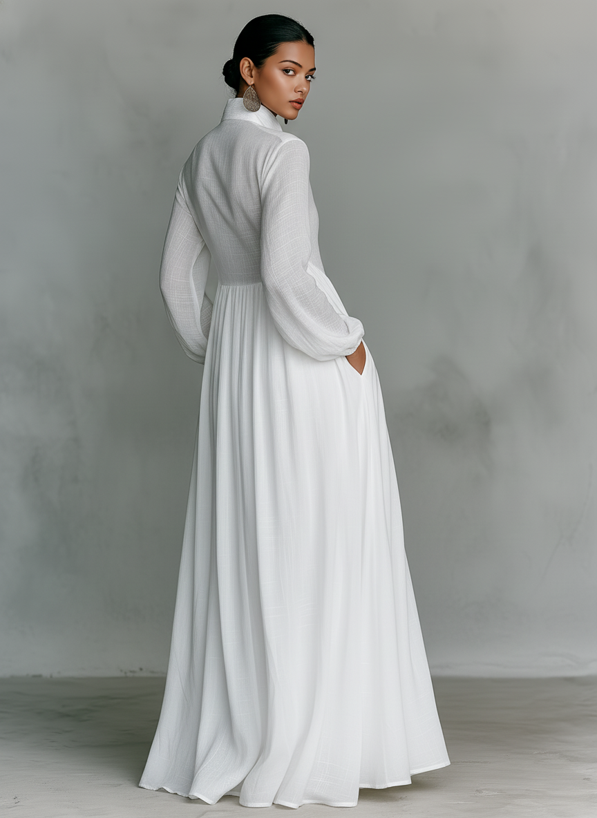 Women's Maxi Dress Stand Collar Long Sleeve Button Front – Resort Dinner