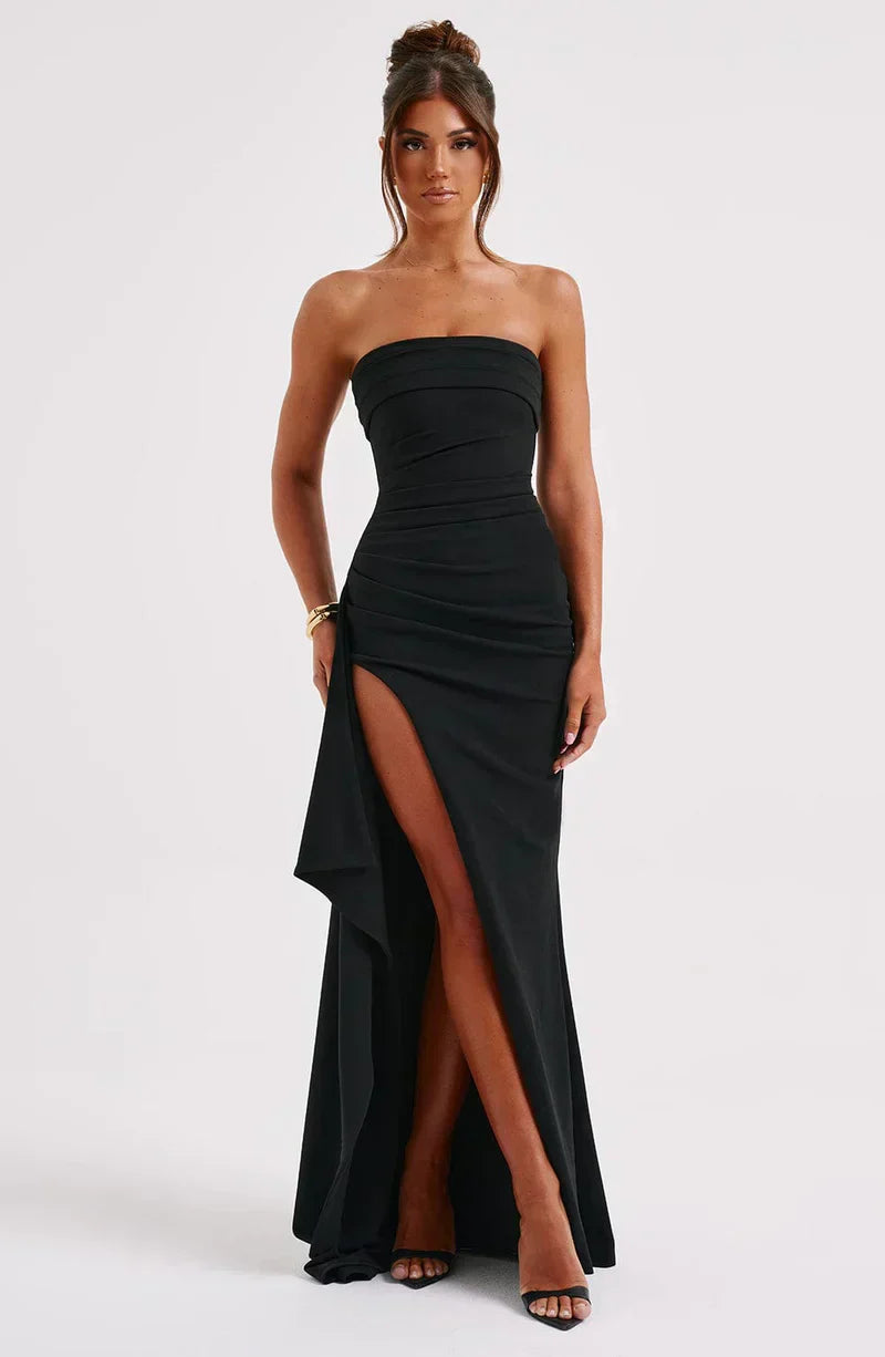 Women's Maxi Dress Strapless Ruched Front High Slit – Wedding Guest Party
