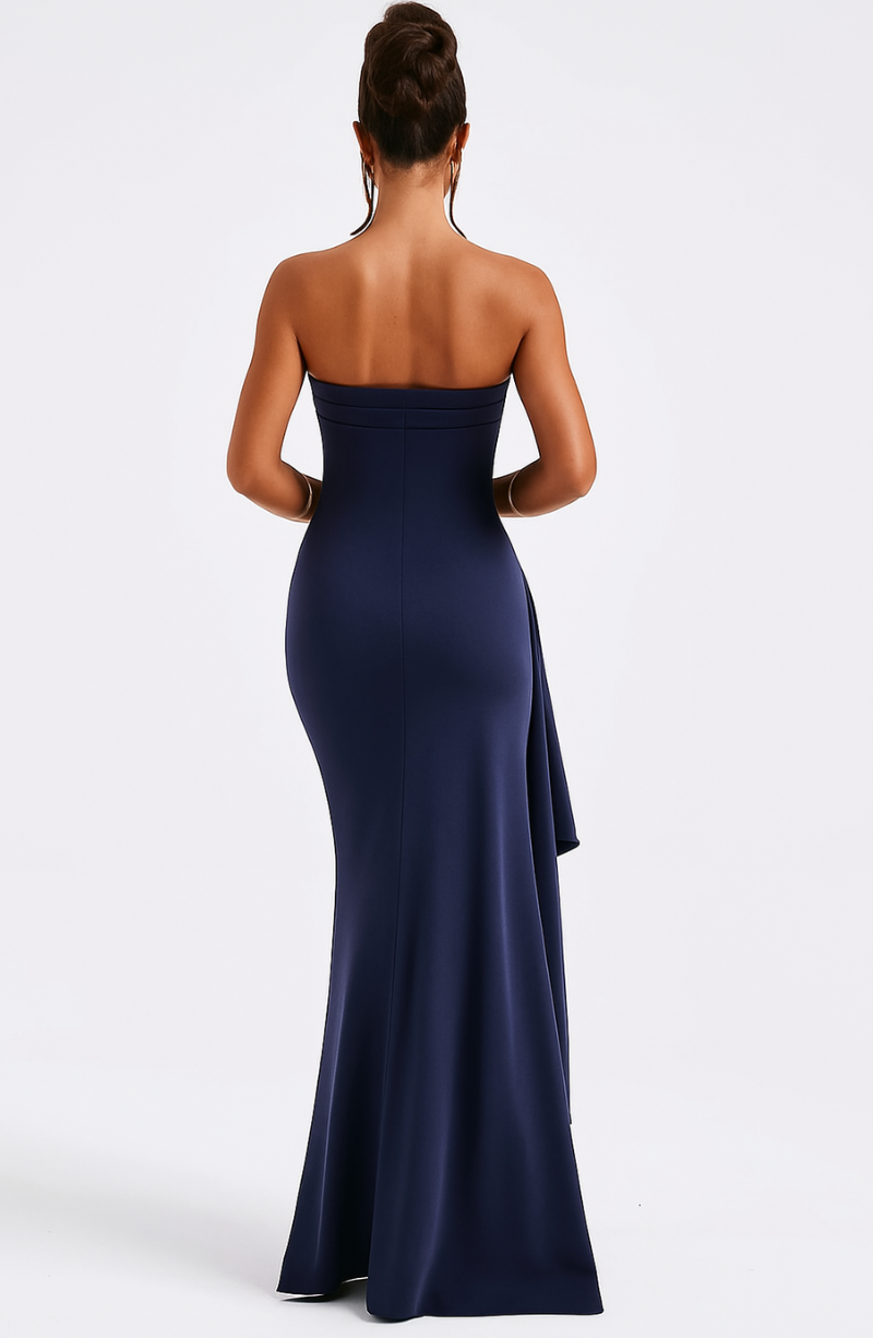 Women's Maxi Dress Strapless Ruched Front High Slit – Wedding Guest Party