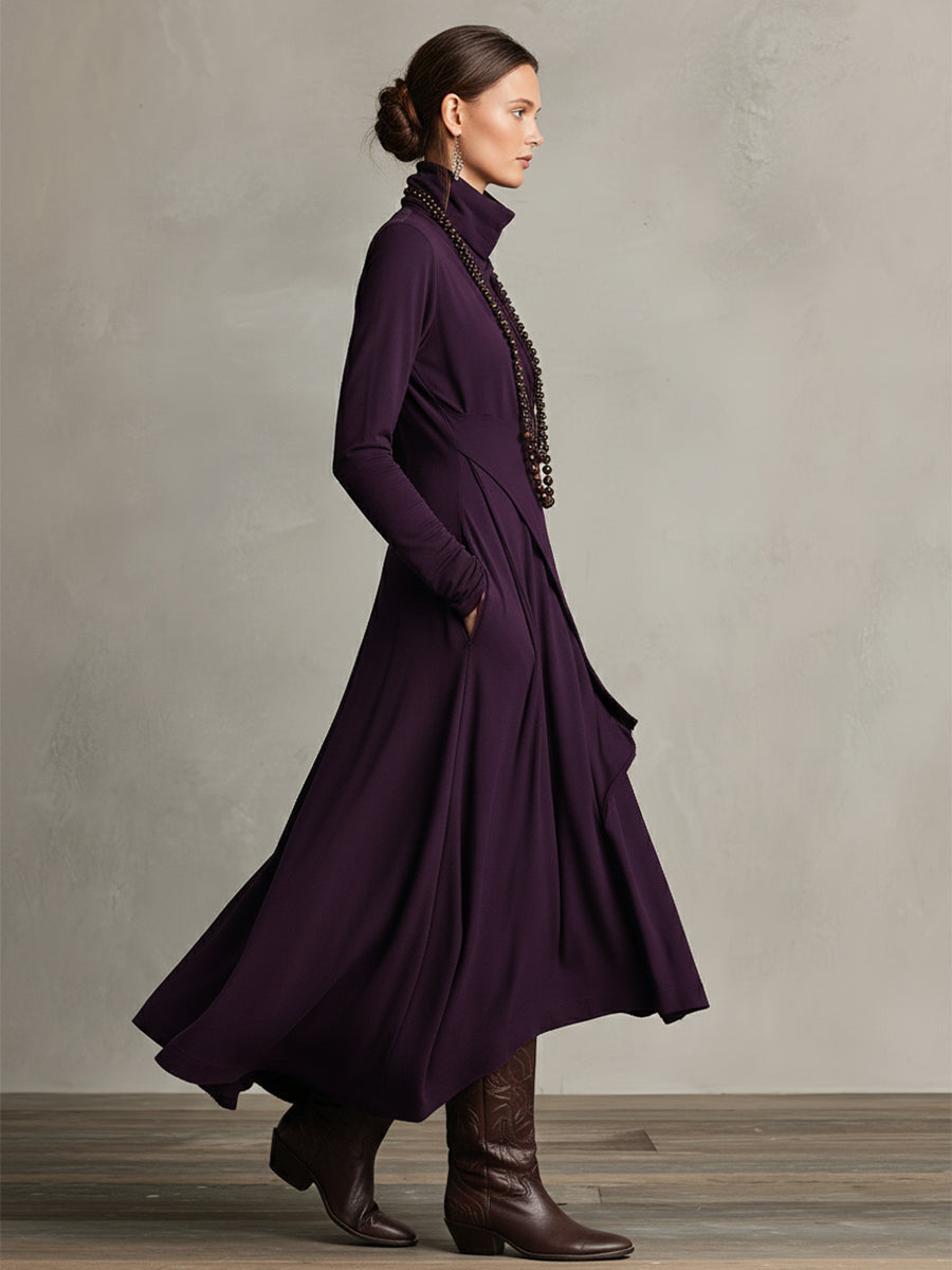 Women's Maxi Dress Turtleneck Long Sleeve Wrap Front Asymmetric Hem – Dinner Party