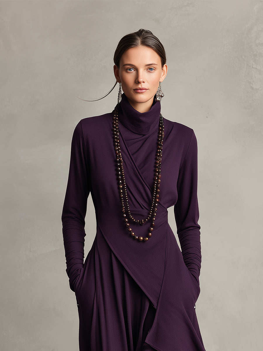 Women's Maxi Dress Turtleneck Long Sleeve Wrap Front Asymmetric Hem – Dinner Party