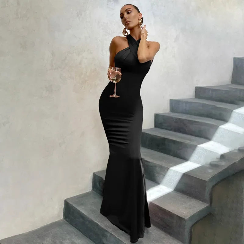Women's Maxi Dress Twist Neck Sleeveless – Wedding Guest