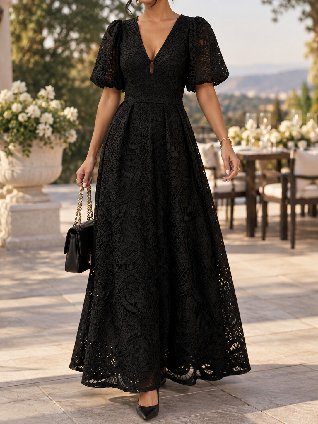 Women’s Maxi Dress V-Neck Keyhole Puff Sleeves Openwork Pattern – Evening Receptions