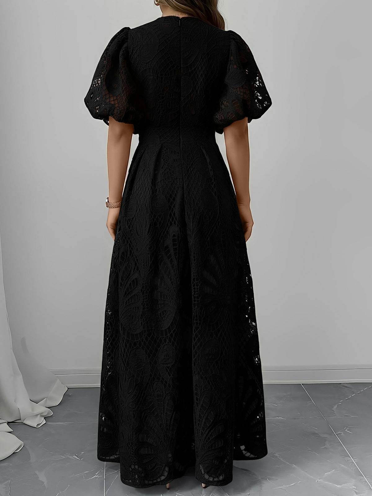 Women’s Maxi Dress V-Neck Keyhole Puff Sleeves Openwork Pattern – Evening Receptions