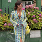Women's Maxi Dress V Neck Long Sleeve Front Slit – Beach Vacation
