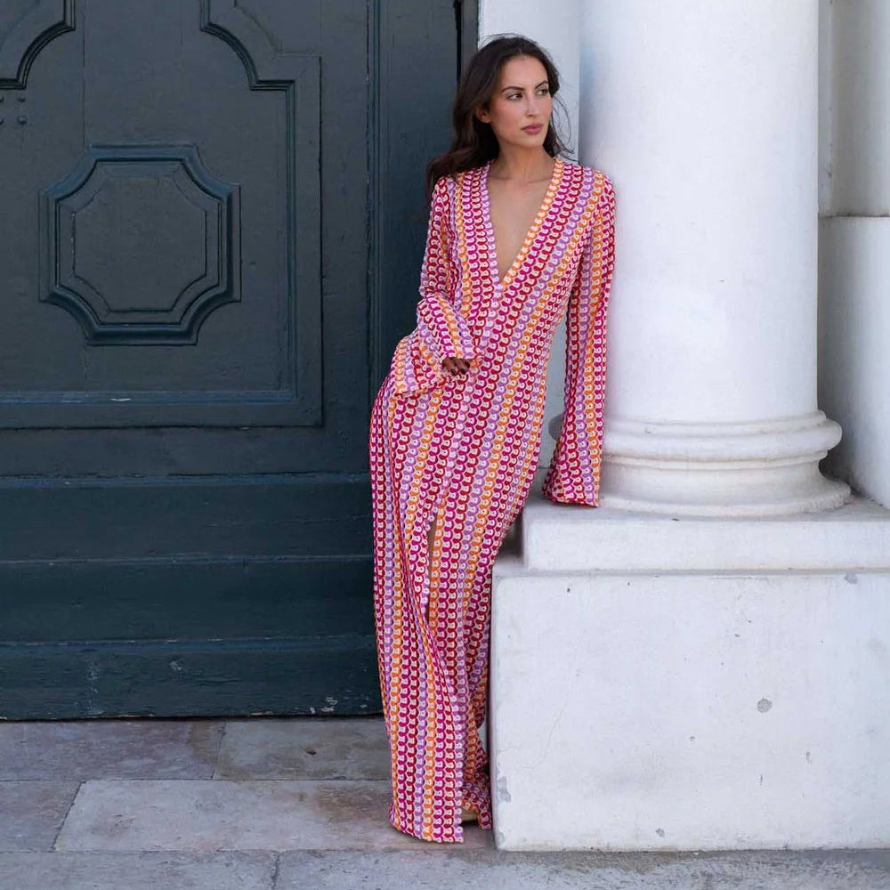 Women's Maxi Dress V Neck Long Sleeve Front Slit – Beach Vacation