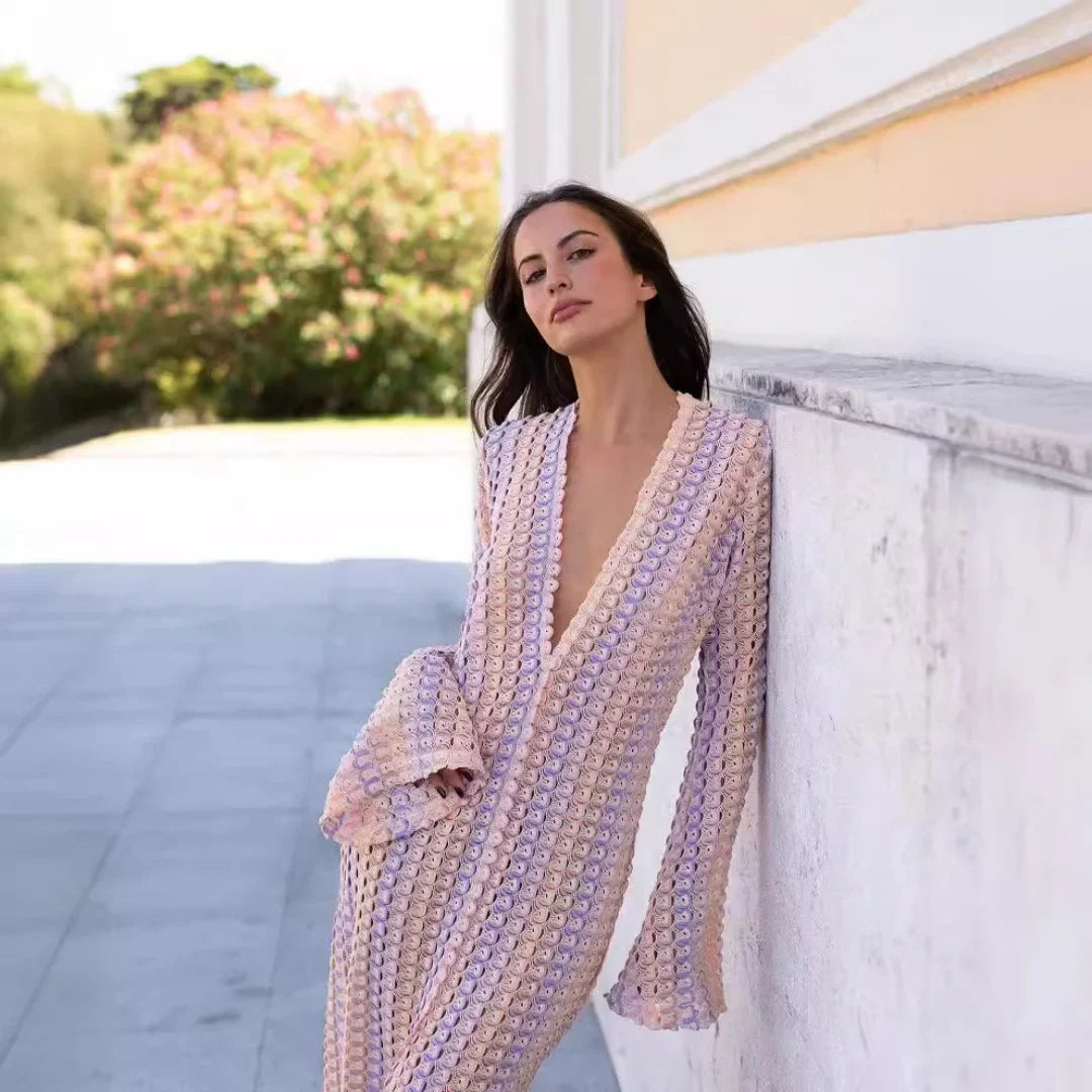 Women's Maxi Dress V Neck Long Sleeve Front Slit – Beach Vacation