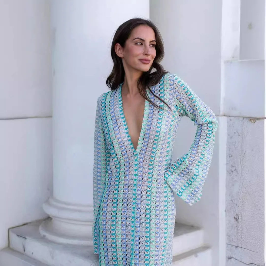 Women's Maxi Dress V Neck Long Sleeve Front Slit – Beach Vacation
