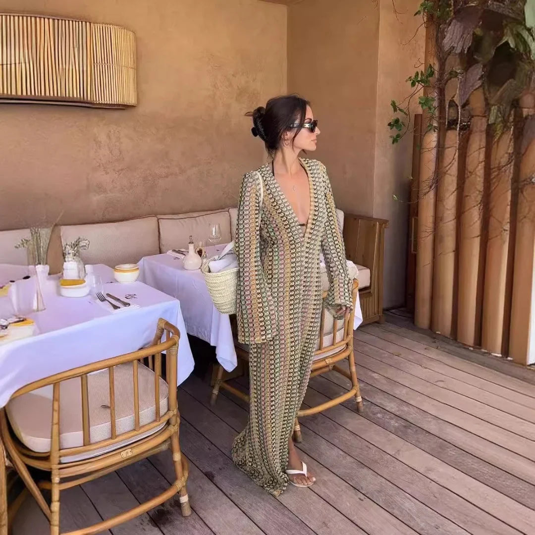Women's Maxi Dress V Neck Long Sleeve Front Slit – Beach Vacation