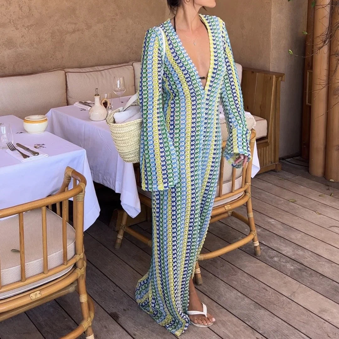 Women's Maxi Dress V Neck Long Sleeve Front Slit – Beach Vacation